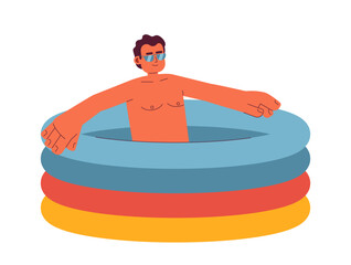 Fototapete - Hispanic sunglasses man in inflatable swimming pool semi flat color vector character. Pool guy relaxing. Editable full body person on white. Simple cartoon spot illustration for web graphic design