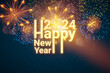 Greeting card Happy New Year 2024. Beautiful holiday web banner with text Happy New Year 2024 on the background of fireworks. - Vector illustration.