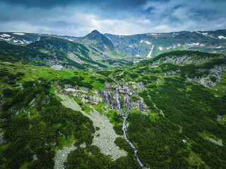 Wall Mural - seven rila lakes and waterfalls in nature of mountain range aerial panoramic view, hiking, trekking 