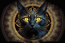Creative Art - Colourful Cat Head On Dark Background. Mandala, Ethnic Design. Generative AI
