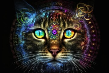 Wall Mural - Art illustration - cat head in creative style. Mandala, ethnic design. Generative AI