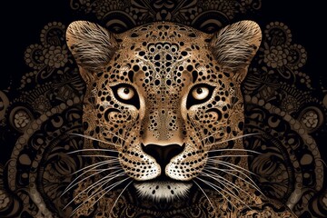 Wall Mural - Creative art - colourful leopard head on dark background. Mandala, ethnic design. Generative AI