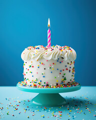 White Birthday cake with colorful Sprinkles over a blue background, generative ai 