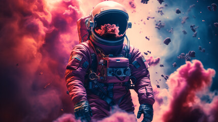 Wall Mural - illustration of man in space suit inside softly glowing pink and blue galactic cloud. peaceful galax