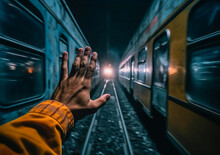Danger Encounter: Man Stands Between Railcars, Raising His Hand In Front Of A Moving Train