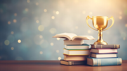 Stack of books with golden cup trophy and medal. Academic and school knowledge, business education and graduation, Place for your text, copy space, empty space,
