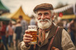 Oktoberfest elderly man wearing traditional clothes and holding beer at the festival