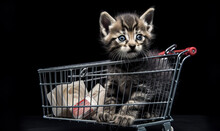 Small Kitty Sitting In The Cart. Fluffy Cat In Mini Shopping Cart. Generative AI.