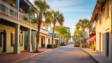 View Of St George Street In St Augustine, FL. Founded In 1565 By Spanish Explorers, It Is The Oldest Continuously Inhabited European-established Settlement In The Contiguous USA