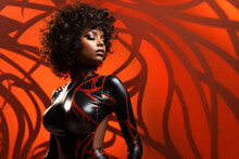 Beauty Portrait Of A Black Woman With Afro Hair In Latex Suit