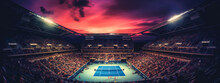 Perspective Of Arthur Ashe Stadium With Fans On Sunset. US Open Tennis Tournament Finals On Blue And Green National Tennis Court. Generative Ai Content