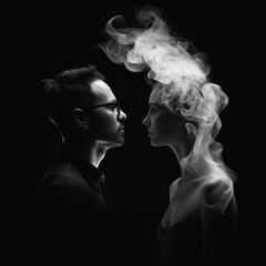 Profiles of a man and a woman, the profile of a woman dissolves in smoke, illusion, dream, dream, deceit, generative ai