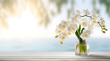 White Orchid Flower Decoration In A Glass Vase With Sunlight On Wooden Table With Copy Space, Floral Spa Background With Spirit Of Purity