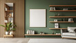 © Prasanth - Wooden and green living room interior with shelves and poster