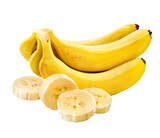 composição de penca de banana madura acompanhado de fatia de banana cortada isolado em fundo transparente - cacho de bananas