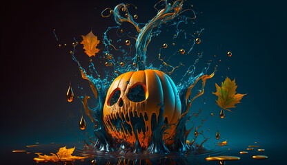 Wall Mural - Conceptual bright wallpaper for Halloween with a pumpkin with a sinister face and bright splashes.Generative AI