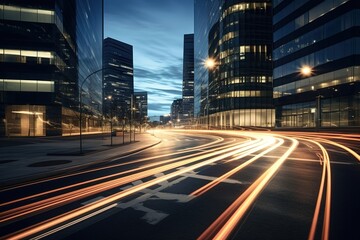 Aufkleber - Modern office buildings with light trails of night.