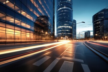 Aufkleber - Modern office buildings with light trails of night.