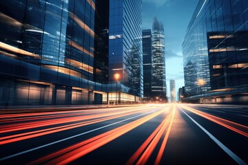 Aufkleber - Modern office buildings with light trails of night.