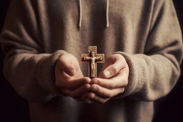 Wall Mural - A young man holding a cross, AI generation