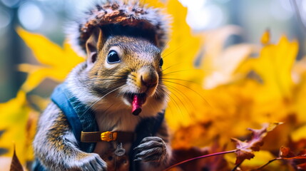 Wall Mural - A funny squirrel in a hat with a joint of marijuana against the background of an autumn forest. A beautiful card for Thanksgiving.Generative AI