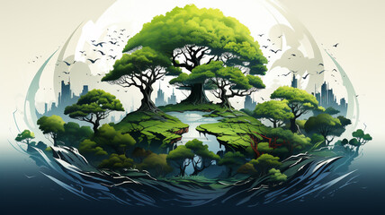 Wall Mural - Earth day illustration, concept of ecology and sustainable development our globe with green nature environment