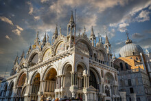 Patriarchal Cathedral Basilica St. (Saint) Mark’s Basilica On Piazza San Marco Square In Venice, Italy. Famous Catholic Church As A Landmark Of Renaissance Architecture.