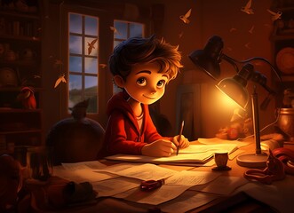 Wall Mural - A boy doing his homework at home by night ai generated