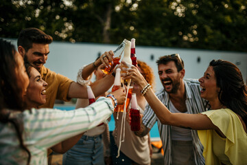 A group of people raise their cocktail bottles, cheering and celebrating the fun moments they've shared throughout the party.