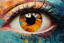 “Fluorite” - Oil Painting. Conceptual Abstract Picture Of The Eye. Oil Painting In Colorful Colors. Conceptual Abstract Closeup Of An Oil Painting And Palette Knife On Canvas. 