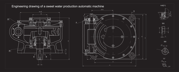 Poster - Vector engineering drawing of a sweet water production automatic machine.
Cad scheme. Mechanical background.