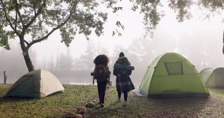 Poster - Camping, hiking and couple in nature walking with tent on outdoor holiday, vacation and adventure, Campsite, traveling and man and woman trekking by lake in woods, forest and mountain for bonding