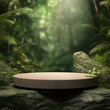 An empty product display podium with a nature, stone and tree background created with AI