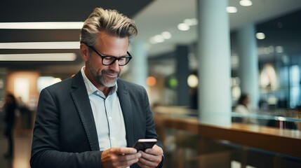 Wall Mural - Happy mid aged business man standing in office using cell phone. generative AI