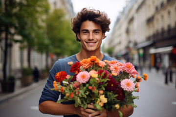 Happy young man holding a flower bouquet in his hands, going to a romantic date in Paris