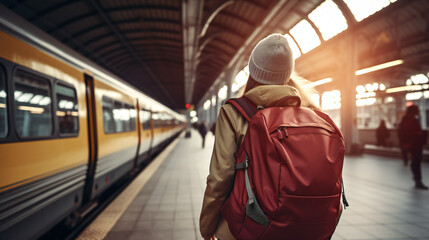 Wall Mural - Young Woman standing on platform at Train station with Backpack, going on a Holiday