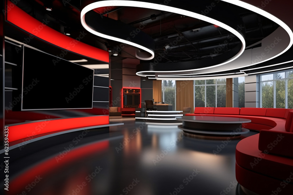 Tv Studio. Red studio. Backdrop for TV shows .TV on wall. News studio. The perfect backdrop for any green screen or chroma key video or photo production. Generative AI technology