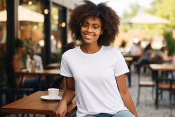 beautiful black woman wearing bella canvas white t shirt and jeans, at cafe. design t shirt template