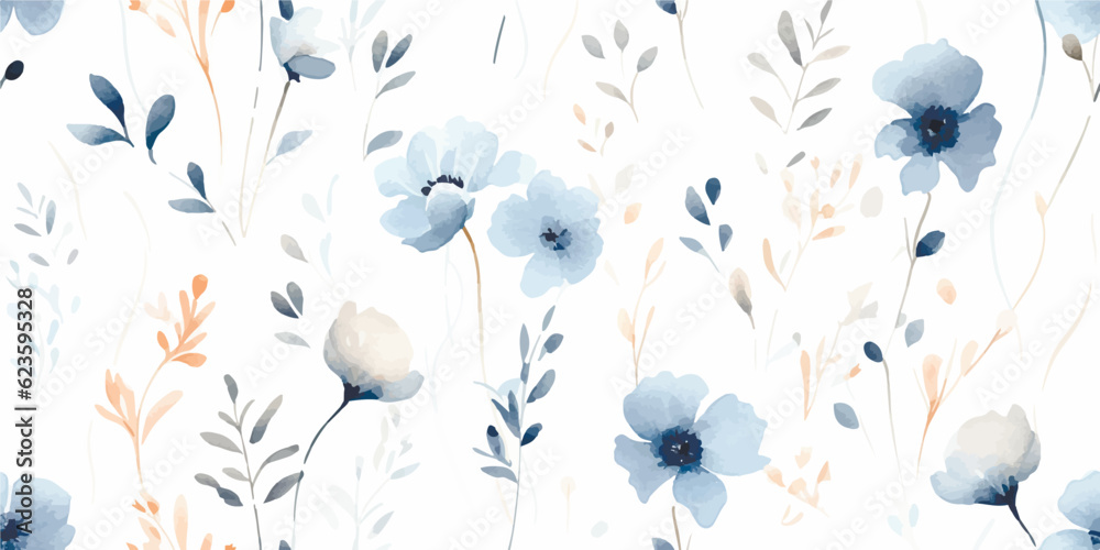 Floral seamless pattern with abstract blue and beige flowers, delicate ...