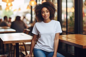 Beautiful black  woman wearing bella canvas white t shirt and jeans, at cafe.  Design t shirt template, print presentation mockup