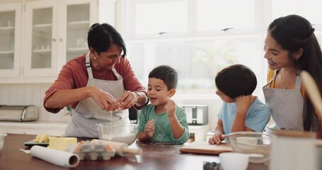 Wall Mural - Grandmother, mom or excited children baking in kitchen as a happy family with siblings learning cooking recipe. Cake, child development or happy grandma smiling or teaching kids with eggs or parents