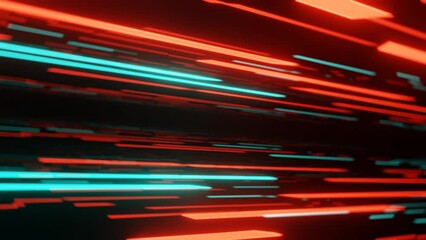 Wall Mural - Animation of fast moving camera flying through neon lights at speed, 3d loop animation.