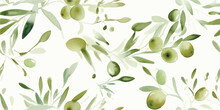 Olive Watercolor Painting Seamless Pattern, Watercolor Seamless Pattern Background Texture Pattern. Food Seamless