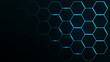 Black background with blue neon hexagon grid. Glowing hex background.