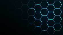 Black Background With Blue Neon Hexagon Grid. Glowing Hex Background.