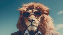 Stylish Lion Wearing Sunglasses Looking For Something. Generative AI
