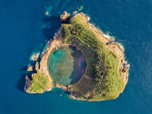 Azores Aerial Panoramic View. Top View Of Islet Of Vila Franca Do Campo. Crater Of An Old Underwater Volcano. Sao Miguel Island, Azores, Portugal. Heart Carved By Nature. Bird Eye View.
