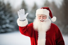 Santa Claus Waving Hand Hello In The Snow. Generative AI Illustration.