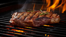 Rib-Eye Beef Steak With Spices Rosemary Closeup On Grill Barbeque, AI Generative.
