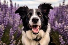 A Border Collie Dog Sitting Smiling In A Field Of Lavender Wild Flowers